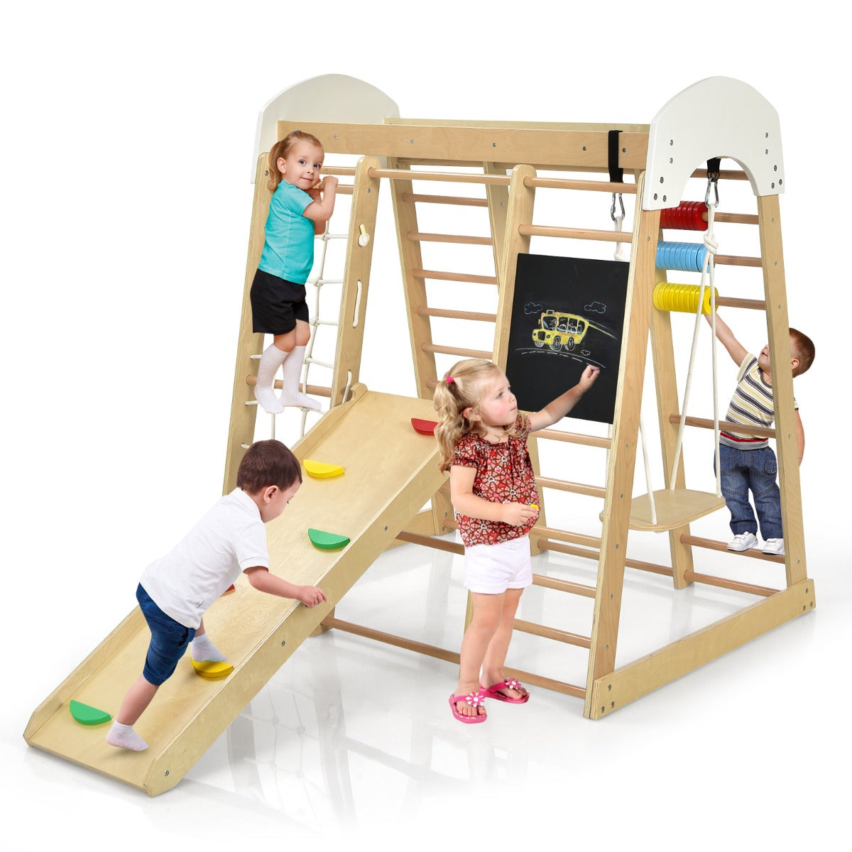 NNECW 8-in-1 Wooden Climbing Playset with Slide and Drawing Board-4