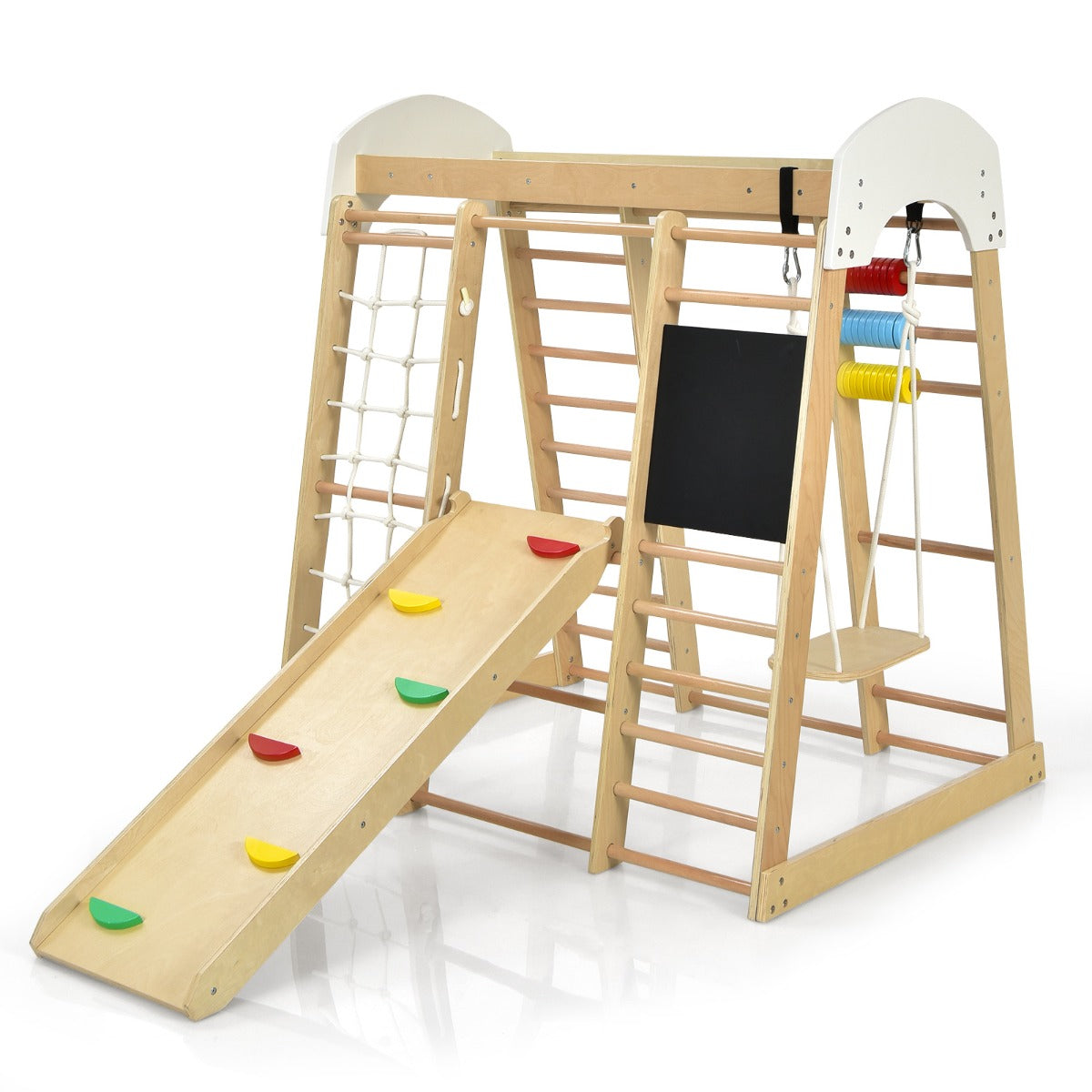 NNECW 8-in-1 Wooden Climbing Playset with Slide and Drawing Board-1