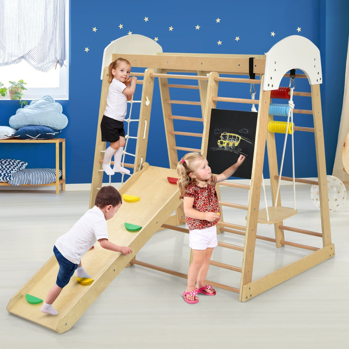 NNECW 8-in-1 Wooden Climbing Playset with Slide and Drawing Board-0
