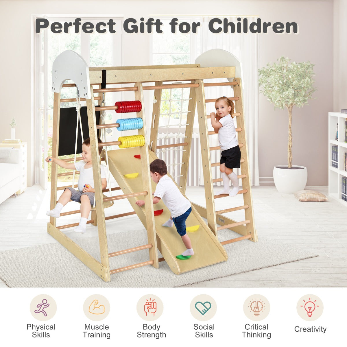 NNECW 8-in-1 Wooden Climbing Playset with Slide and Drawing Board-2